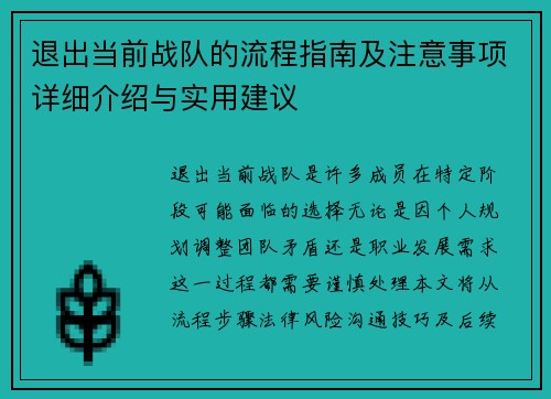退出当前战队的流程指南及注意事项详细介绍与实用建议