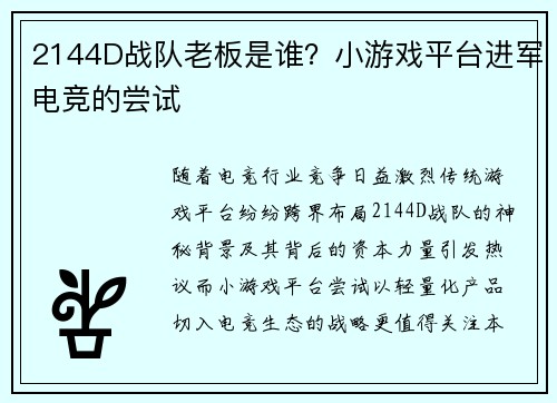 2144D战队老板是谁？小游戏平台进军电竞的尝试